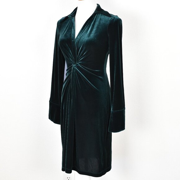 Calvin Klein Velvet Faux Wrap Green Dress - 2 - Picture 3 of 8